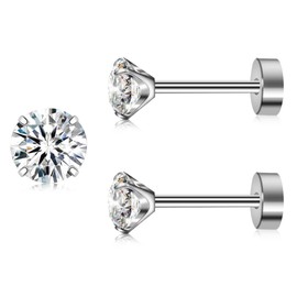 Artskin Titanium Cubuic Cubic Zirconia Stud Earrings for Women Men CZ Earring Stud Earrings Hypoallergenic Flat Back Earrings Silver Girls Earring Stud Set for Cartilage 3 mm - 5 mm, Titanium, Cubic