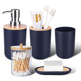 iMucci Bathroom Accessories Set 5Piece Plastic Bathroom Decor Sets Accessories, Toothbrush Holder, Toothbrush Cup, soap Dispenser, soap Dish(Navy Blue Bamboo Cover)