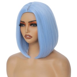 Light Blue Bob Wig for Women 12 Inch Straight Light Blue Wigs Middle Part Heat Resistant Synthetic Wig