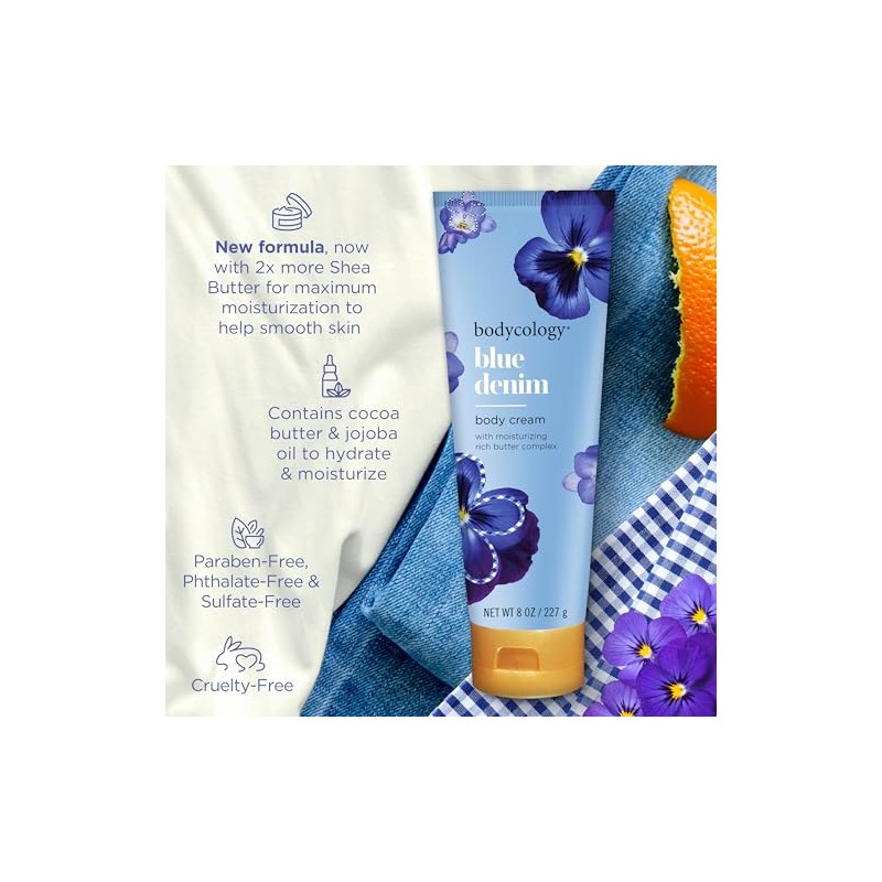 Bodycology Shea Butter Blue Denim Body Cream for Women, 8.0