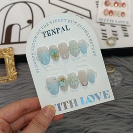 TENPAL Blue French Tips Press on Nails Short Oval,Isle Blue Gradient & Hand-Sculpted Conch Relief False Nails,Ocean Whisper Fake Nails Kit,Glossy Cute Artisan Coastal Zen Nail Art with Tools 10pcs(L)