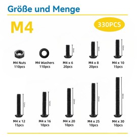WZHUIDA 330-Piece M4 Screws Set, Black Metric Rounded Head Screws, Hexagon Socket Screws, Nuts and Washers Assortment Set, Thread Machines, Hex Screws
