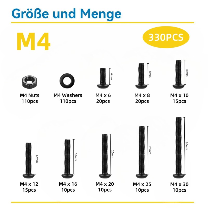 WZHUIDA 330-Piece M4 Screws Set, Black Metric Rounded Head Screws,