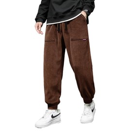WZIKAI Mens Corduroy Pants Elastic Waist Drawstring Tapered Joggers Sweatpants Casual Long Fashion Trousers with Pockets Brown XXL