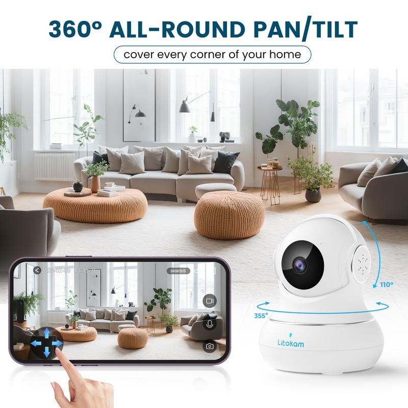 Litokam 2K Indoor Camera: 360° Pan/Tilt Home Security for Pets,