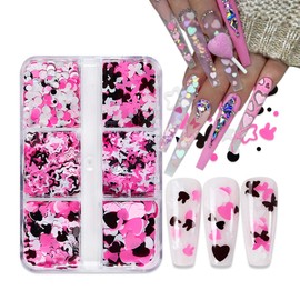 6 Grids 3D Heart Nail Sequins Valentine's Nail Art Supplies Romantic Love Heart Nail Art Stickers Decals Heart Flower Butterfly Design Holographic Nail Glitter Flakes for Women DIY Acrylic Nail Charms