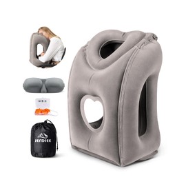 JefDiee Inflatable Travel Pillow, Airplane Neck Pillow Comfortably Supports Head and Chin for Airplanes, Trains, Cars Office Napping on The Tray Table (Grey)