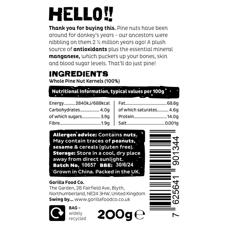 Gorilla Food Co. Natural Pine Nuts (Kernels) - 200g