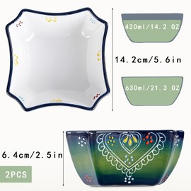 2 Piece Ceramic Cereal Bowl set, 5.6 Inch Turkish Ceramic Hand-Painted Embossed-Underglaze Eight-Sided Square Bowl for Salads, Soups, Cereals, Desserts and Jams, Dishwasher - and Microwave-Safe
