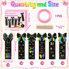 CY2SIDE Coquette Bow Scratch Bookmarks - 60PCS Pink Bow Knot Scratch Paper Art for Kid, DIY Magic Rainbow Color Paper Card Craft Kit Ornament, Coquette Knot Rainbow Bookmark for Funny Girl Party Favor