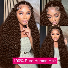 12A 200% Density Chocolate Brown 13x6 Deep Wave Lace Front Wigs Human Hair Pre Plucked Curly Wig Glueless HD Lace Frontal Wet and Wavy Wigs Human Hair for Women 100% Unprocessed Brazilian Hair 26inch