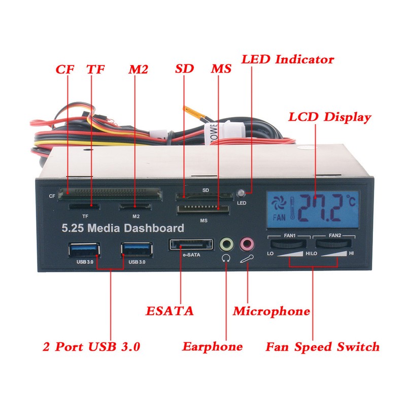 Media Dashboard USB3.0 Front Panel Hub LCD Display Optical Drive