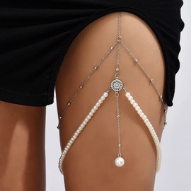 TseenYi Boho Pearl Thigh Leg Chain Silver Pearl Pendant Thigh Leg Chain Layered Pearl Taseel Thigh Chain Multi layer Pearl Thigh High Chain Long Pearl Leg Chain Summer Beach Jewelry for Women and Girl