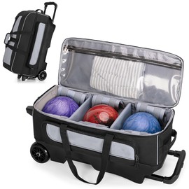 GOBUROS 3 Ball Roller Bowling Bag with Multi Accessory Pockets and Shoes Compartment, Fits 2 Pairs of Size 16 Shoes, 3 Ball Bowling Bags with Large Wheels and Retractable Handle Extends to 41.5"
