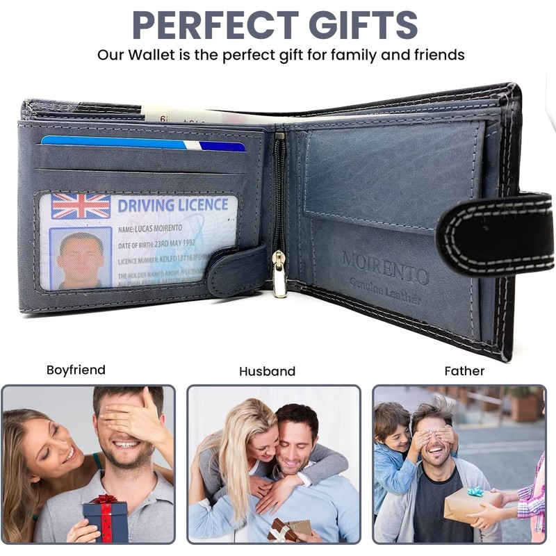 MOIRENTO®, Grey Black Wallet, RFID Blocking, Real Leather Mens, with