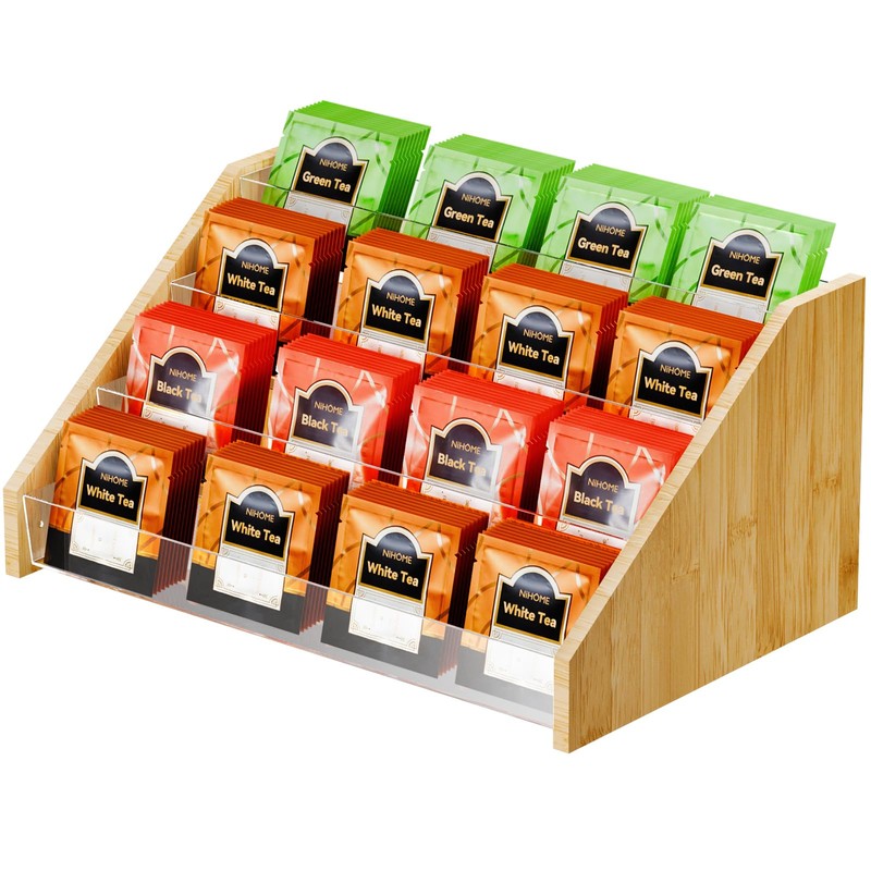 NiHome 4-Layer Tea Bag Organizer, Large Capacity Bamboo & Acrylic