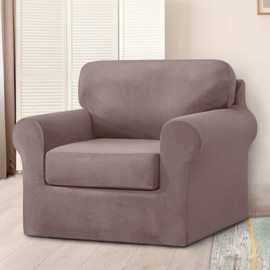 XSlive 3 Pieces Velvet High Stretch Sofa Covers for 1 Cushion Couch Sofa Slipcovers, Washable Furniture Protector with Drawstring Anti Slip Bottom, Soft and Plush Fabric for Kids and Pet (Taupe)