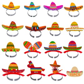 Muswarm 15Pcs Cinco De Mayo Sombrero, Fiesta Colorful Cardboard Headband, Mexican Theme Party Costume