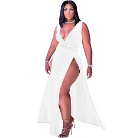 Ekaliy Women's Plus Size Sleeveless Deep V Neck Front Split Long Maxi Wrap Dress 3XL White