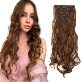 Dcbaboo Clip-In Hair Extensions, Wavy, 7 Pieces, 50 cm, Hair Extensions, Wavy Like Real Hair, Synthetic Hair Curls, Long, Light Auburn