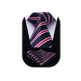 HISDERN Extra Long Polka Dots Tie Handkerchief Men's Necktie & Pocket Square Set, XL, 63 inches length, Red / Blue