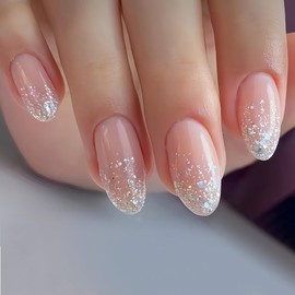 Medium Length Press on Nails Almond Fake Nails with Designs Pink Acrylic Nails Glue on French Tip Artificial Nails Full Cover False Nails Silver Glitter Stick on Nails for Women 24 Pcs