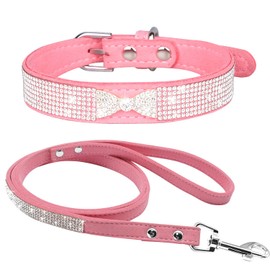 Pimaodog Cute Dazzling Sparkling Elegant Fancy Soft Suede Leather Bling Rhinestone Crystal Jeweled Pet Cat Dog Puppy Collar Dog Leash Combo Set (XS(Neck8-10), Pink-3)
