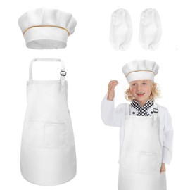 TSHAOUN Kids Chef Hat Apron Sleeves Set Adjustable Apron with 2 Pockets Kids Chef Outfit for 5-12 Years Old Kids Painting Cooking Baking Gardening at Home Kitchen School Outdoors (Large, White)