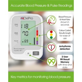OxiPro BP1 Blood Pressure Monitors - CE Certified - MHRA Registered - UK Approved Blood Pressure Machine - BP Monitor for Home - Small to Large Cuff Blood Pressure Monitor - Certified Medical Device