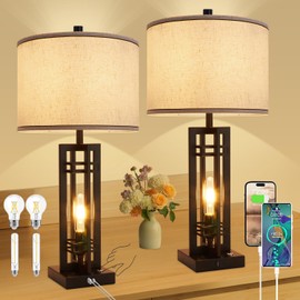 Farmhouse Table Lamps for Living Room - 27" Tall Table Lamps Set of 2 with USB C+A Charge Ports & Outlet, 3-Way Dimmable Rustic Bedside Lamps with Cream Shade, Industrial Nightstand Lamps for Bedroom