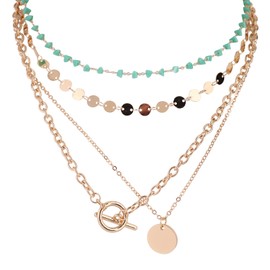 Mikovivi Layered Necklace for Women, Stacked Pendant Boho Necklace Layer Stack Turquoise Beaded Chain Choker Western Bohemian Jewelry for Country Beach Daily Wearing (Style 2)