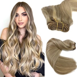 Sew in Hair Extensions Real Human Hair, 18 Inch 100G Weft Hair Extensions Human Hair Ash Blonde Balayage Blonde Highlights Human Hair Hand Tied Weft Hair Extensions Human Hair Weave Bundles for Women