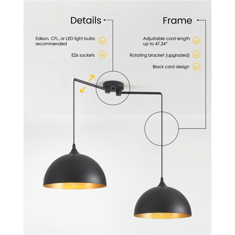 Otmilance Black Pendant Lights Kitchen Island 2-Light, Black Dome Pendant