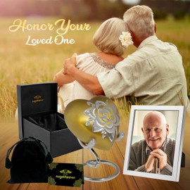 ANGELFOREVER Rose Heart Urns for Human Ashes Adult Female & Male - Handcrafted Small Urn Heart Shaped Metallic - Funeral Rose Urn for Ashes Men & Women - Decorative Heart Urn Stand (Golden, Small)