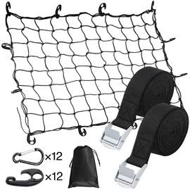 ETLIFE Cargo Net, Car Load Tightening Belt (6.5 ft (2.5 m) x 2 Pieces, Hooks x 12, Carabiners x 12, Storage Pouch Included, Luggage Fall Prevention, Load Fall Prevention, Roof Net, Luggage Net