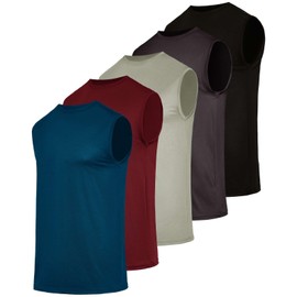 Real Essentials 5 Pack: Breeze Tech Tank Tops Sleeveless Shirts Workout Muscle Athletic Running Tees (Big & Tall Available)- Set 5, M