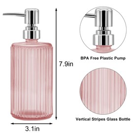 Glass Soap Dispenser - 17oz Ribbed Clear Glass Bottle with 304 Stainless Steel Pump, Refillable Soap Dispenser for Hand Dish Lotion Shampoo Conditioner for Kitchen Bathroom Countertop (Pink)