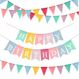 Birthday Bunting, JiHiGe Happy Birthday Banner & 3 Pack Bunting, 39ft Fabric Bunting Garden Flags for Outdoor Indoor Hanging Decoration, Home, Garden
