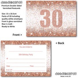 doodlecards 30th Birthday Party Invitations Rose Gold 20 Ready to Write Postcards and 20 Envelopes. Printed in UK, Premium Quality & 100% Recyclable.