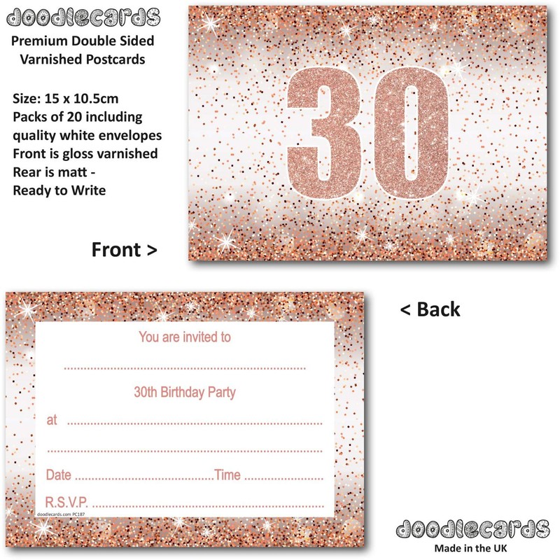 doodlecards 30th Birthday Party Invitations Rose Gold 20 Ready to