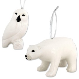 Lillian Vernon White Polar Bear & Owl Ceramic Ornaments - Set of 2, Hanging String, Christmas, Holiday Tree Décor, Gifts