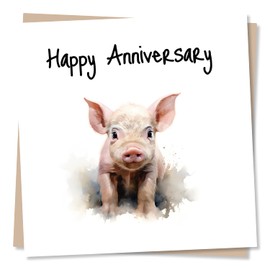 Beautiful Piglet Happy Anniversary Card - Greetings Card Watercolour Design for Pig and Animal Lovers, Men, Women - Made in UK