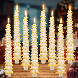 8 Pack Christmas Tree Candles, 10 Inch Unscented Tree Shaped Taper Candles Decorative Christmas Beeswax Candle for Xmas Holiday Decor, Party Banquet Centerpiece Decoration (White with Gold Trim)