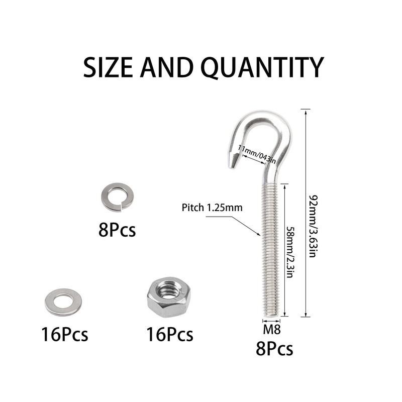 Rrina 8Pcs M8 Hook Bolt 304 Stainless Steel Eye Ring