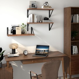 Heimlove Floating Shelves for Wall, 16 Inch Long Wood Floating Shelves Set of 3, Wall Mounted Hanging Shelf for Bathroom Bedroom Kitchen, Rustic Brown