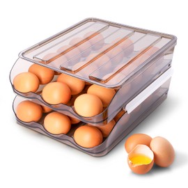 NeoHome Large Capacity Automatic Scrolling Egg Holder for Refrigerator - 36 Eggs Organizer with Lid, Slide Design, Stackable Plastic 2 Layer Refrigerator Organizer Bins