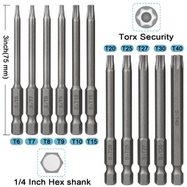 Torx Bit Set Hakkin 11Pcs Security Torx Bit Set 1/4” Hex Shank S2 Steel 75mm Tamper Proof Resistant Star Bits T6-T40 Torx Screwdriver Bit Set for Impact Driver Hand Tools