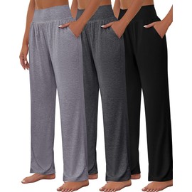 Neer 3 Pcs Women's Wide Leg Yoga Pant Comfy Loose Sweatpants High Waist Lounge Casual Athletic Pant Workout Joggers Pant (Black, Smoky Gray, Dark Gray,Large)