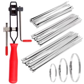 Swpeet - 37 piezas de 4 pulgadas, 8 pulgadas, 14 pulgadas, CV, abrazadera de oreja, herramienta de abrazadera para maletero con abrazaderas de banda de acero inoxidable, kit de abrazaderas de cierre