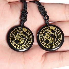 Nupuyai Engraved 12 Constellation Pendant Necklace for Men Women, Round Healing Stone Amulet Obsidian Pendant with Adjustable Rope 46-62cm, Sagittarius